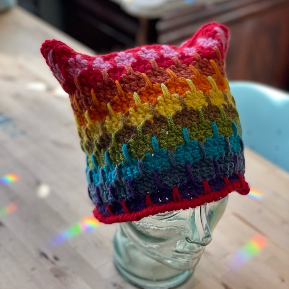 Handmade cranky kitty rainbow crocheted Hat beanie